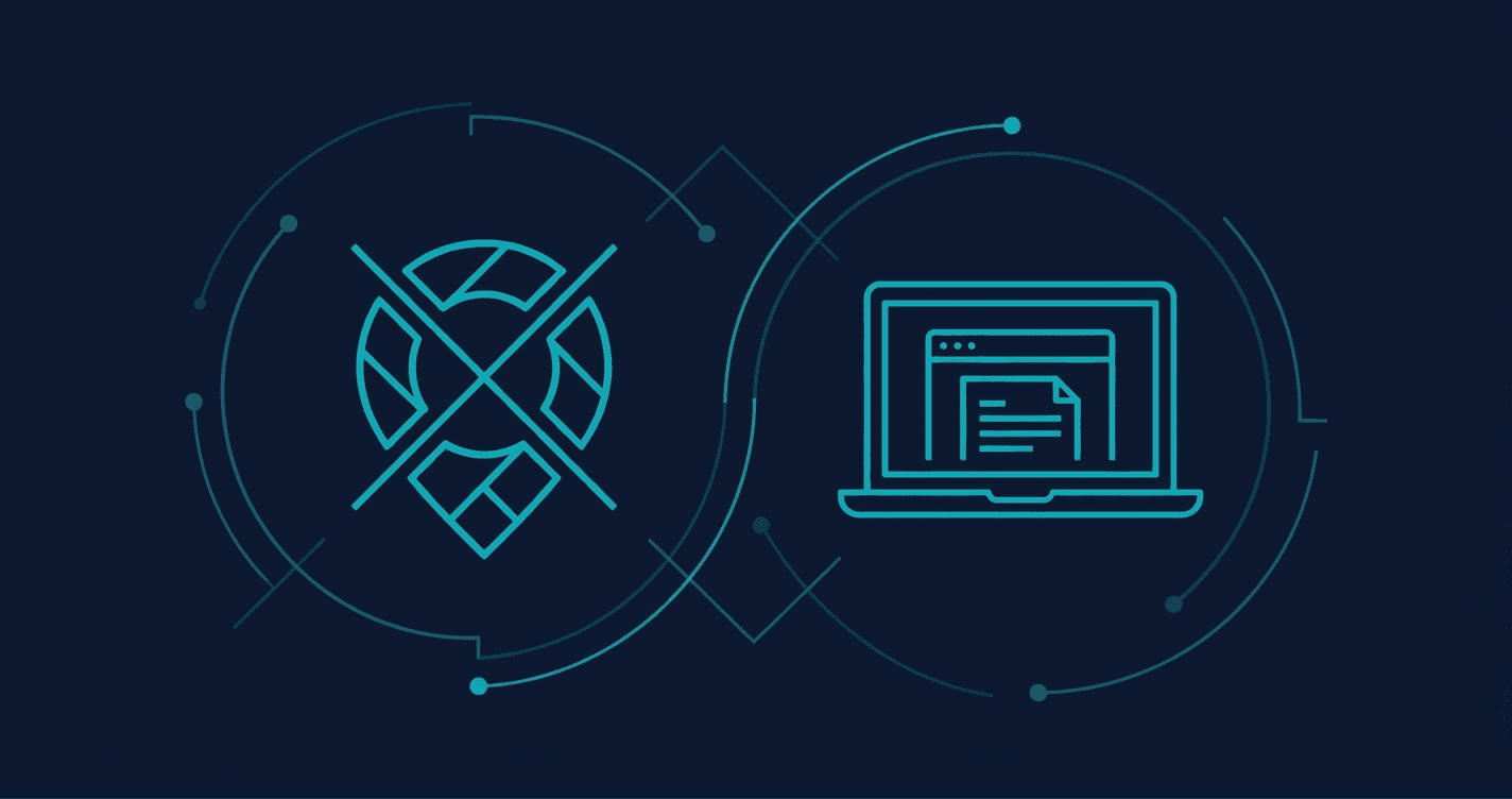 Map pin with an X through it next to a browser window icon on a dark navy background