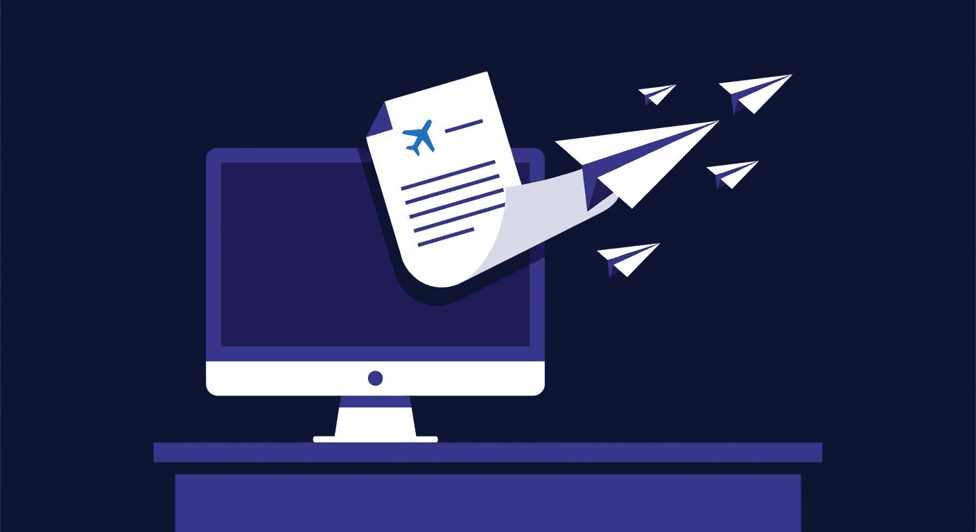 Laptop with document icon representing sending a fax from a computer