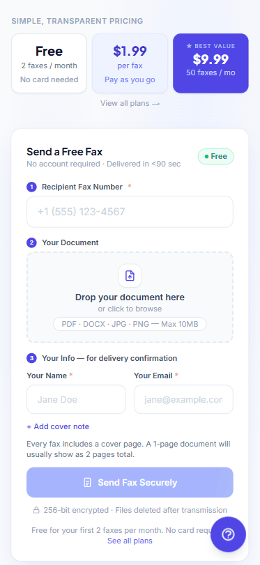 FaxDrop send screen on iPhone showing document upload and fax number input